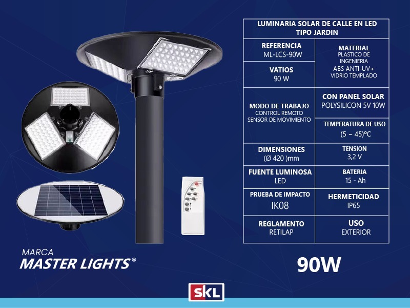 Luminaria Solar Tipo Jardin 90W 15Ah